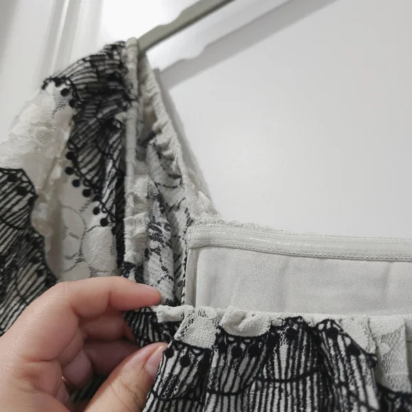 J.O.A. Revolve Tiered Off The Shoulder Lace Mini Dress in Nude Black, Size M - Picture 10 of 16